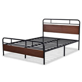 A metal bed frame designed with wooden slats for enhanced durability and comfort.